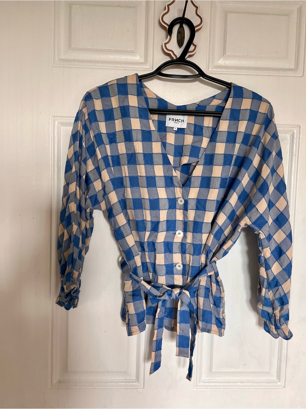 Frnch | Blue and Cream Checkered Tie-Waist Blouse